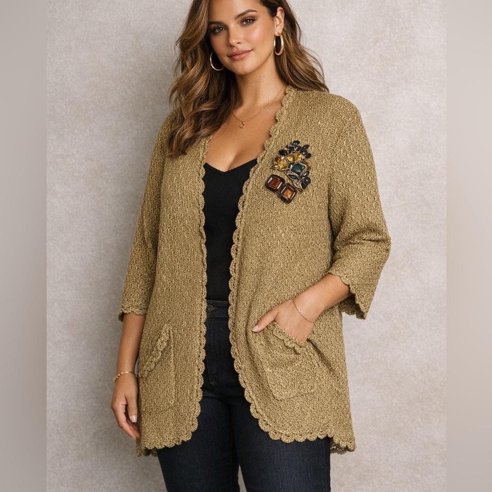 Oscar de la Renta RARE‎ Tan Crochet Silk Embellished Cardigan